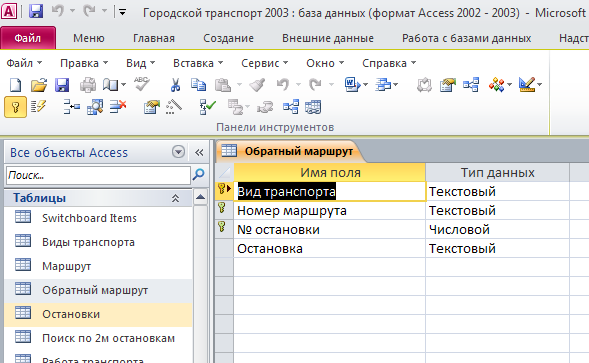 Пример базы данных access. Скачать базу данных (БД) Городской транспорт. Таблица "Обратный маршрут"