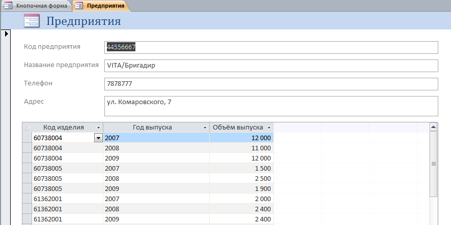 Форма Предприятия бд Производство.