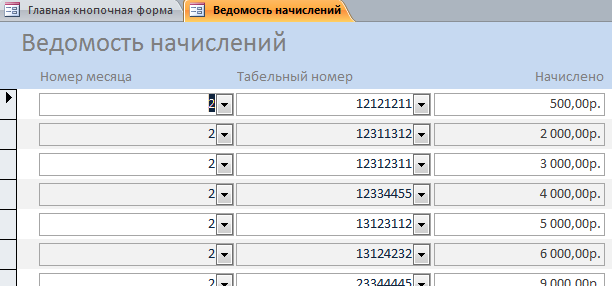 Форма "Ведомость начислений" заработной платы в аксесс