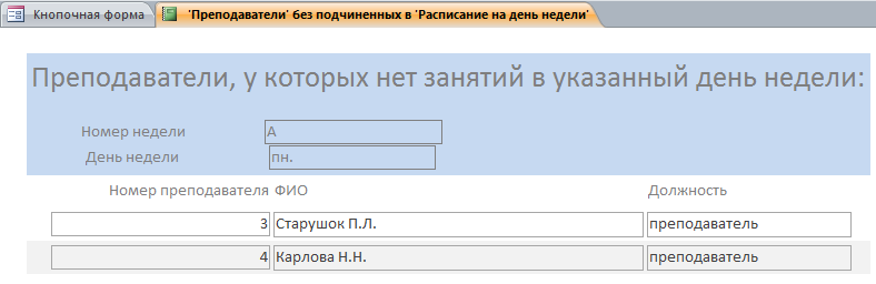 Преподаватели без занятий - отчёт в базе данных Университет (бд аксесс).