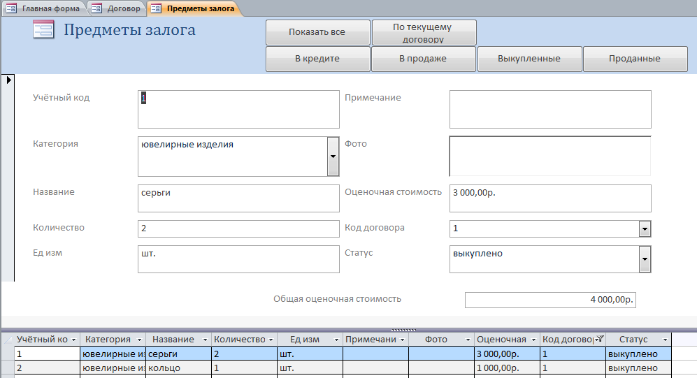Форма Предметы залога готовой базы данных Ломбард.