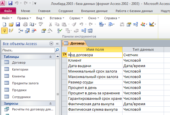 Скачать базу данных access "Ломбард". Таблица "Договор".