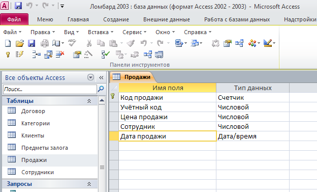 Скачать базу данных "Ломбард". Таблица "Продажи".