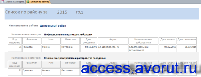 Отчёт «Список по району» в примере бд "Больница".