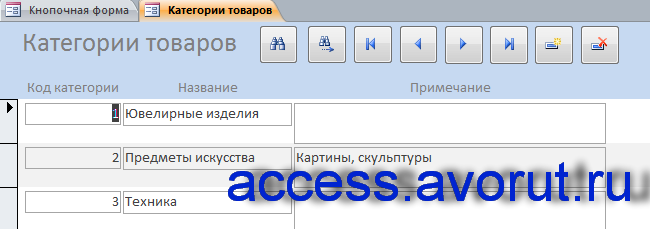 БД "Ломбард" в access. Форма «Категории товаров».