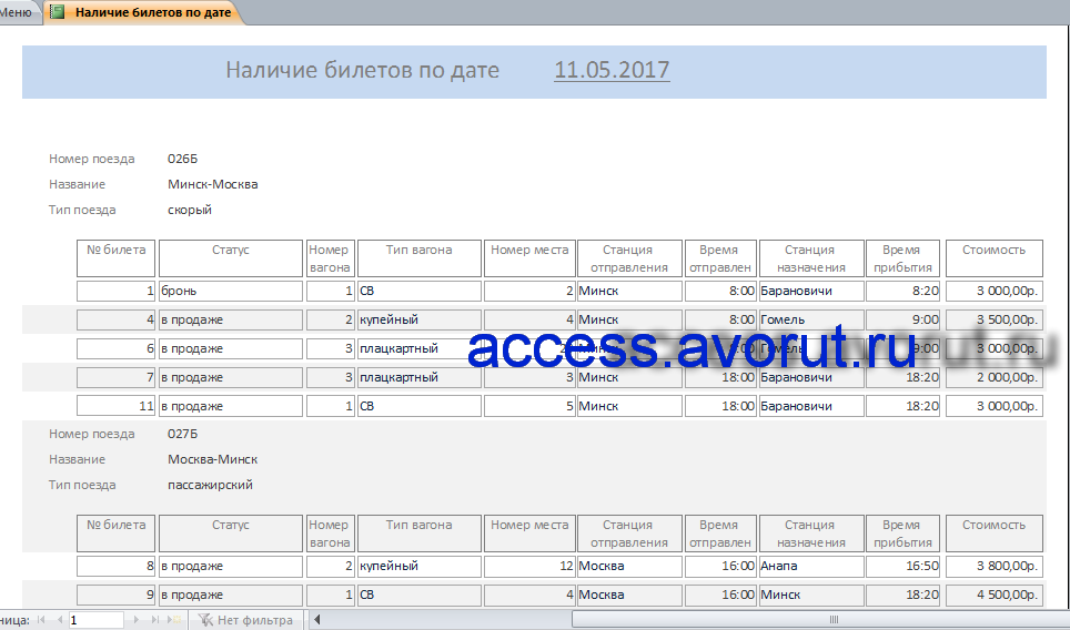 База данных железнодорожные кассы, база данных access продажа жд билетов