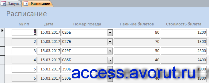 Access база данных Расписание поездов дальнего следования
