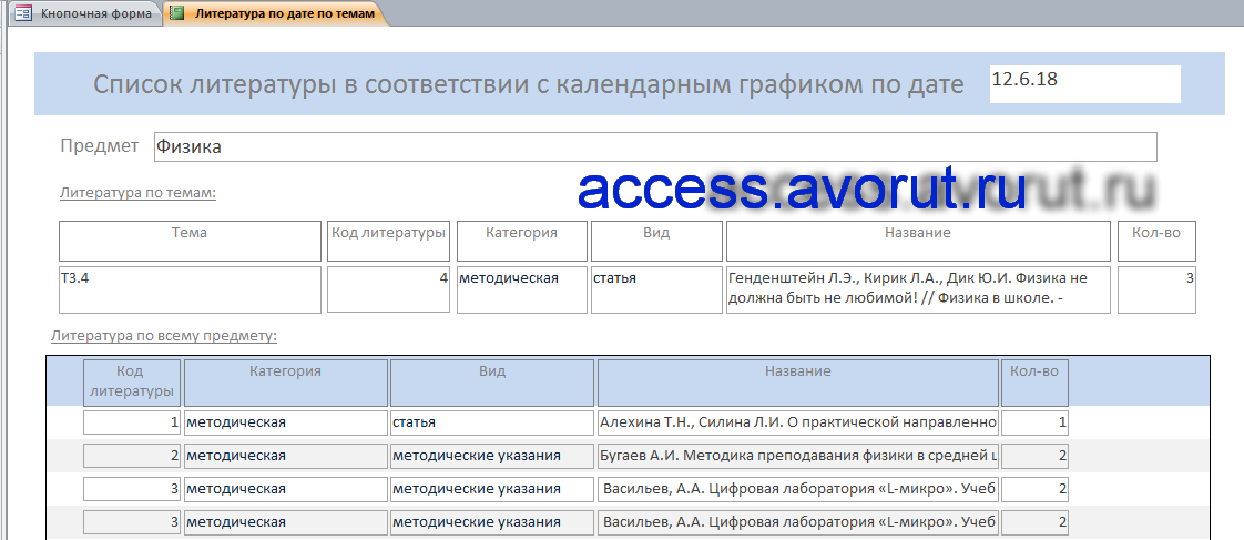 Скачать базу данных Access «Учёт литературы по предметам и темам»