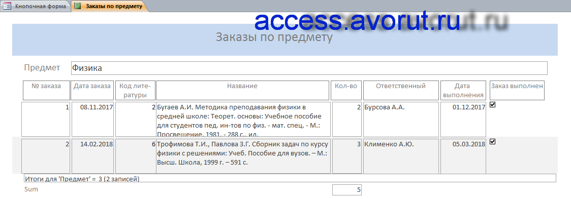 Готовый шаблон базы данных Access «Учёт литературы по предметам и темам»