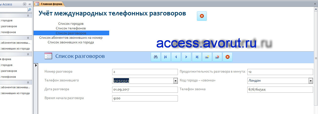 Контрольная база данных access «Учёт международных телефонных разговоров»