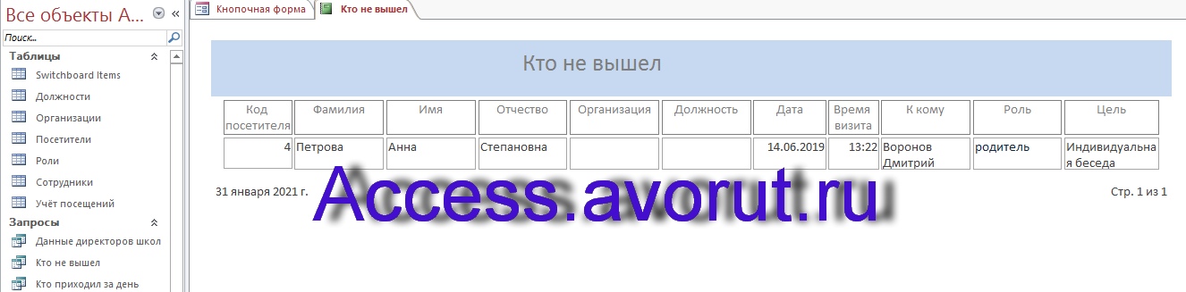 Отчёт в готовой базе данных «Учёт посетителей школы»