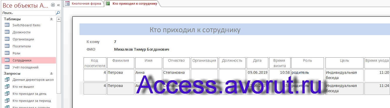 Пример базы данных «Учёт посетителей школы» в access. Пример отчёта