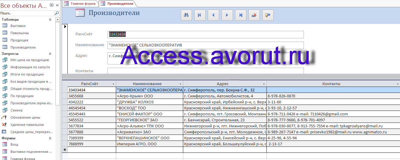 Готовая база данных Access «Выставка-продажа сельскохозяйственной продукции». Форма Производители