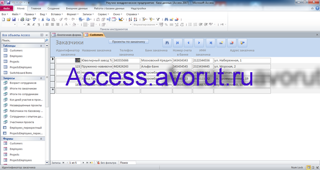 Скачать базу данных access Научно-внедренческое предприятие. Форма Заказчики