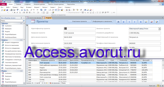 Скачать базу данных access Научно-внедренческое предприятие. Форма Проекты.