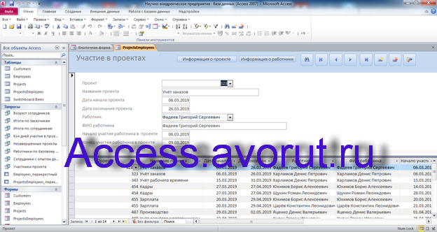 Скачать базу данных access Научно-внедренческое предприятие. Форма Участие в проектах