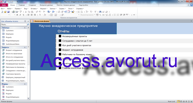Скачать базу данных access Научно-внедренческое предприятие. Страница Отчёты