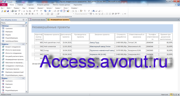Пример базы данных access Научно-внедренческое предприятие.