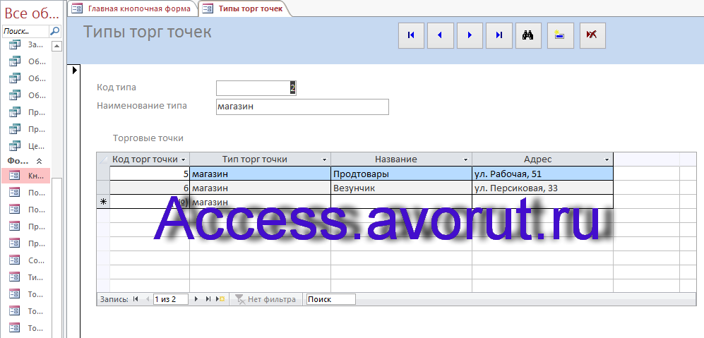 Скачать базу данных Access «ИС торговой организации». Форма Типы торговых точек