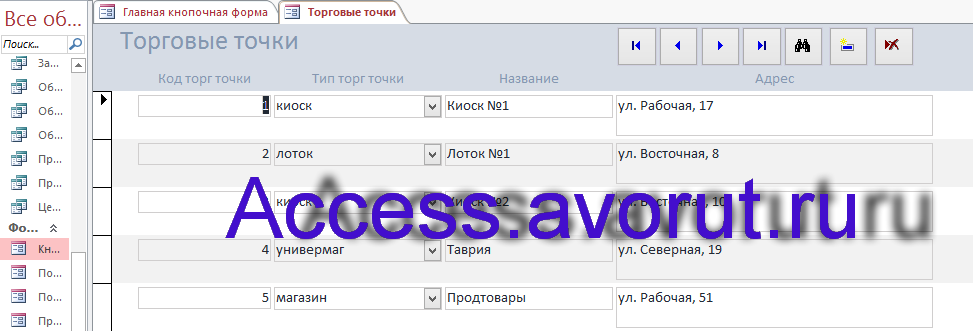 Пример базы данных Access «ИС торговой организации». Форма Торговые точки