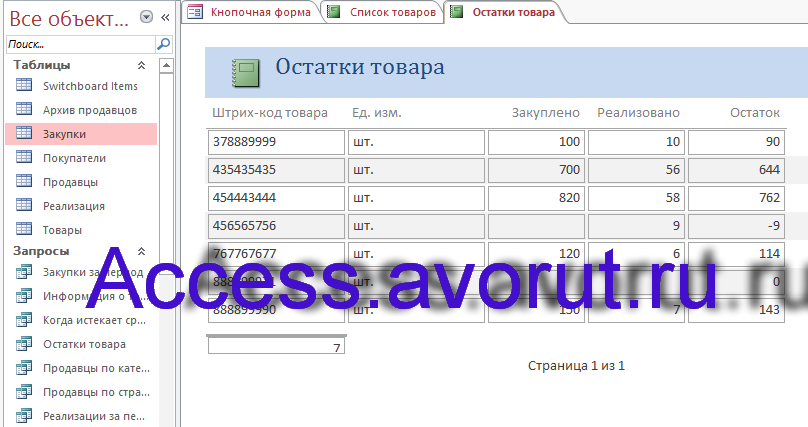 Готовая база данных access Торгово-посредническая фирма Столица. Отчёт Остатки товара.