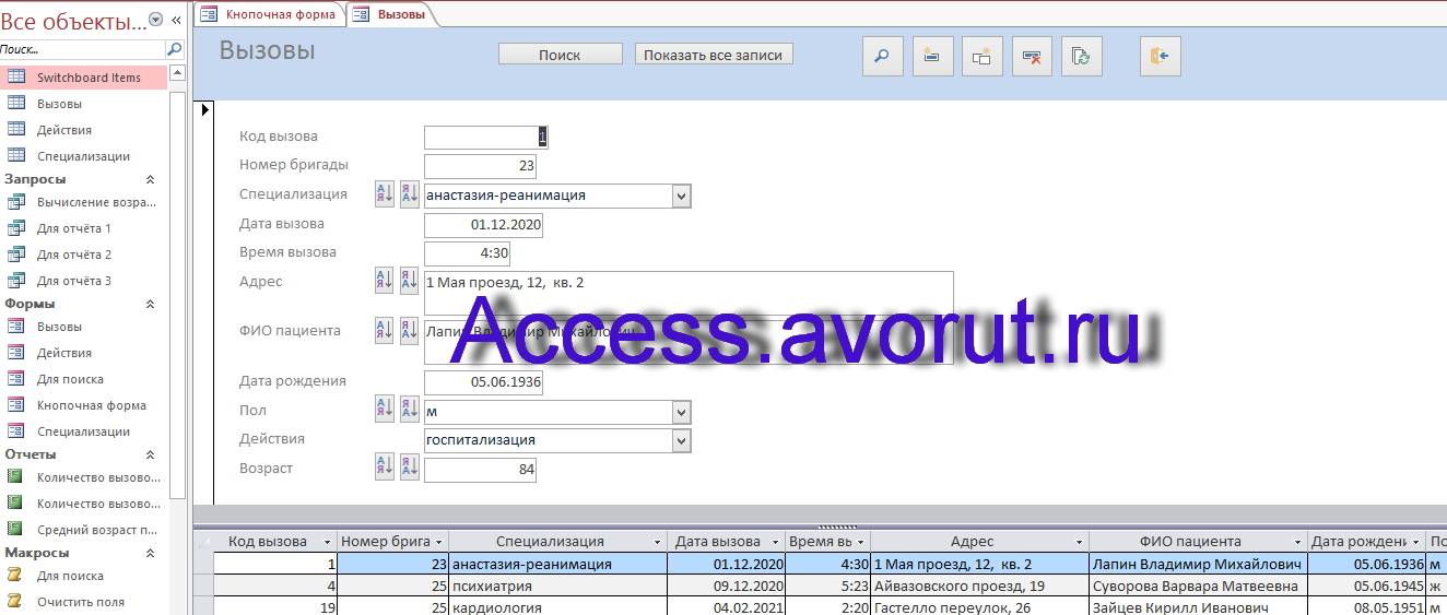 Скачать базу данных access Скорая помощь. Форма Вызовы.