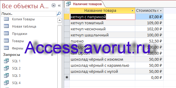 Скачать базу данных access Торговые операции. Запрос Наличие товаров