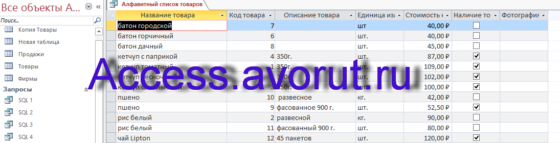 Скачать базу данных access Торговые операции. Запрос Алфавитный список товаров