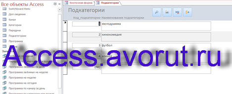 Скачать базу данных access Телепрограмма. Форма Подкатегории