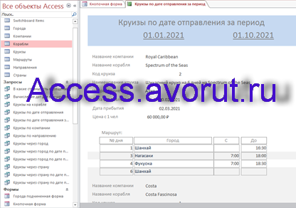 Готовая база данных Access «Пассажирское судоходство» (Круизные лайнеры). Отчёт Круизы по дате отправления за период.
