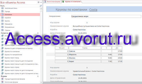Готовая база данных Access «Пассажирское судоходство» (Круизные лайнеры). Отчёт Круизы по компании