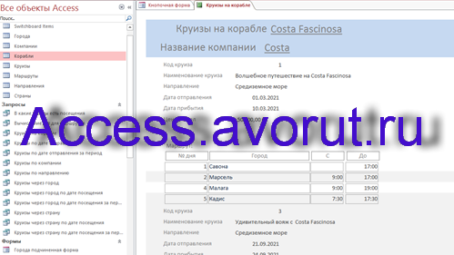 Готовая база данных Access «Пассажирское судоходство» (Круизные лайнеры). Отчёт Круизы на корабле