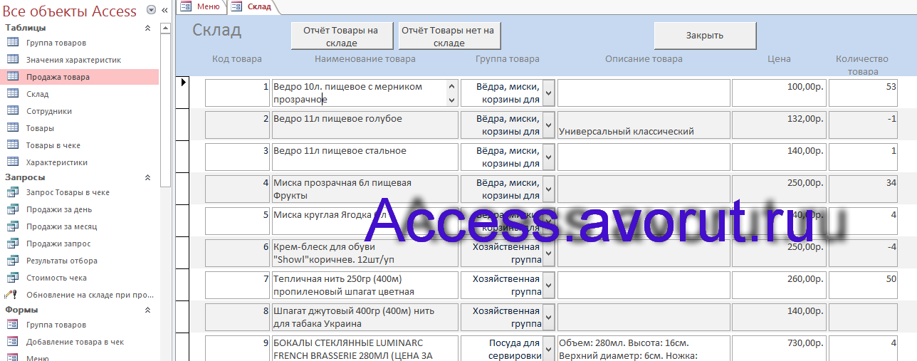 Готовая база данных Access «Магазин хозяйственных товаров». Форма Склад товаров