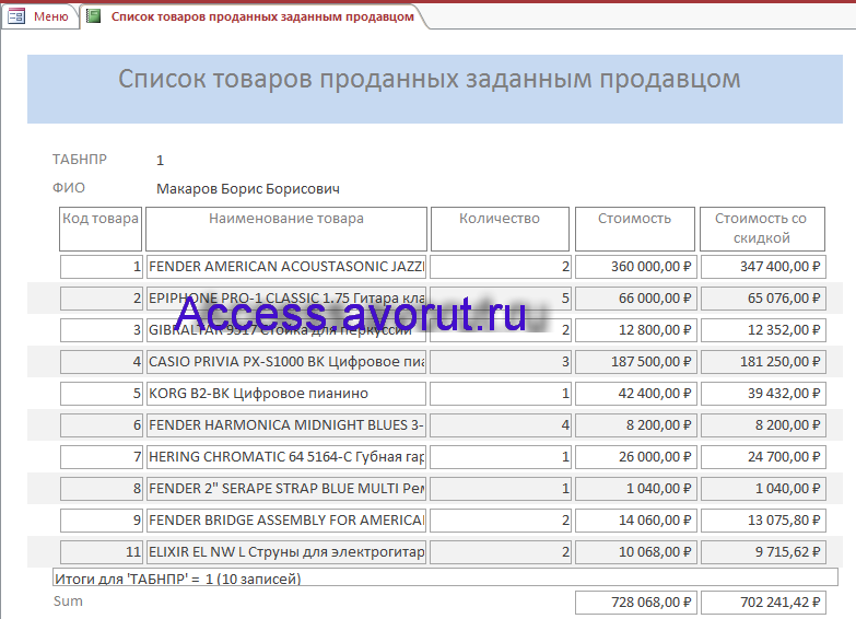 Список товаров проданных заданным продавцом в базе данных access Магазин музыкальных инструментов