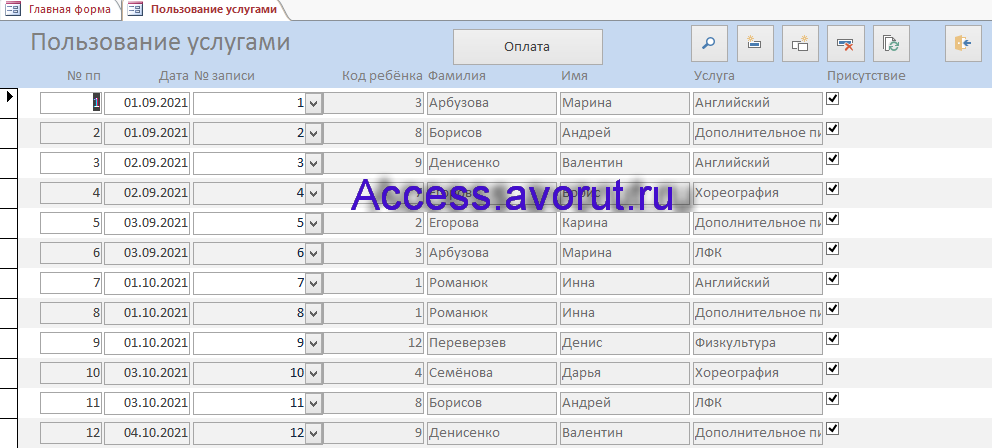 Скачать базу данных access Платные услуги детского сада. Форма Пользование услугами