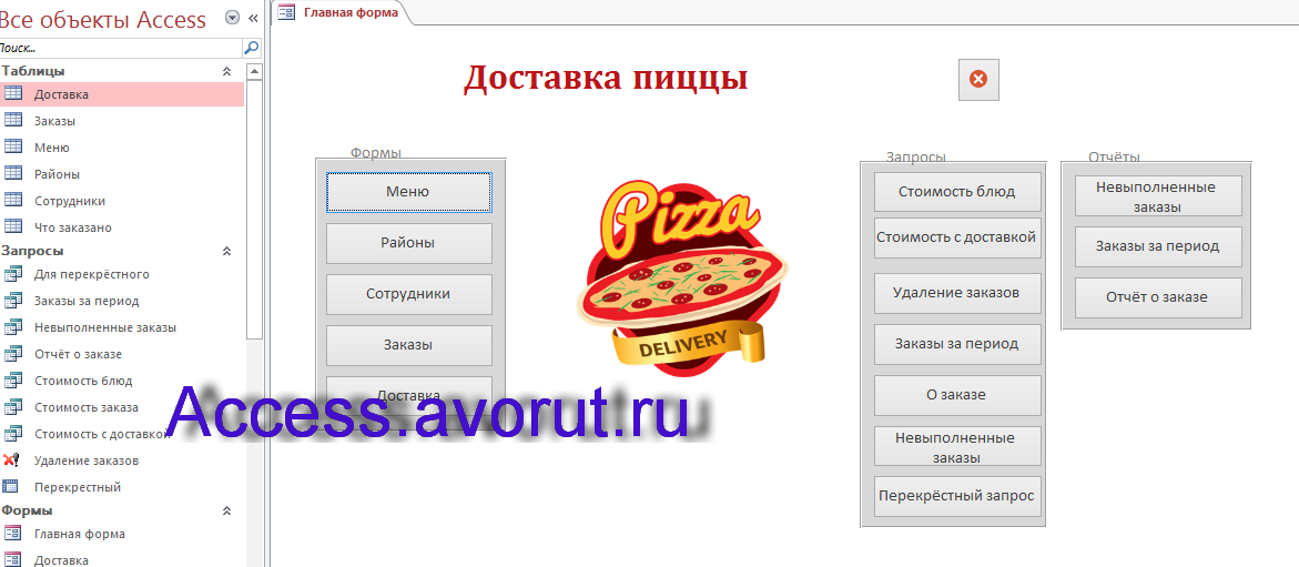 Скачать базу данных access Доставка пиццы. Главная форма