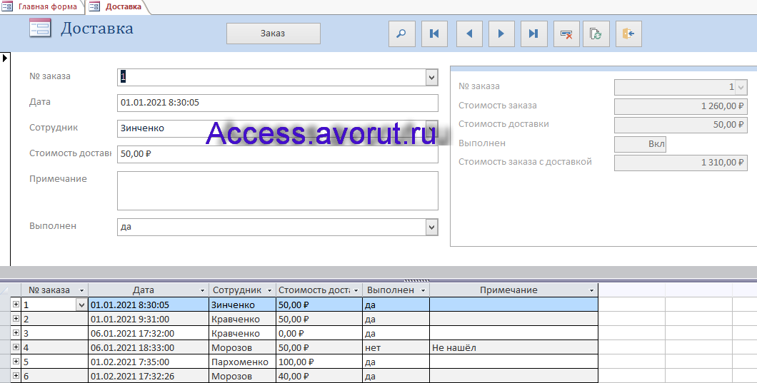 Форма Доставка. Курсовая по базам данных access Доставка пиццы
