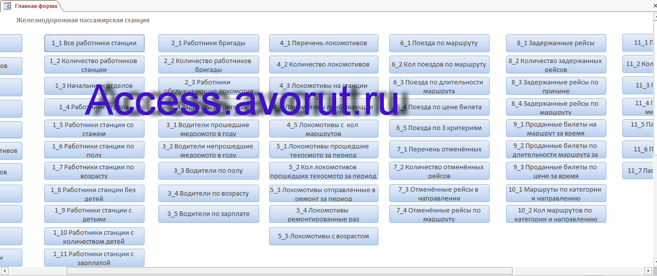 Главная форма готовой базы данных access «Железнодорожная пассажирская станция».