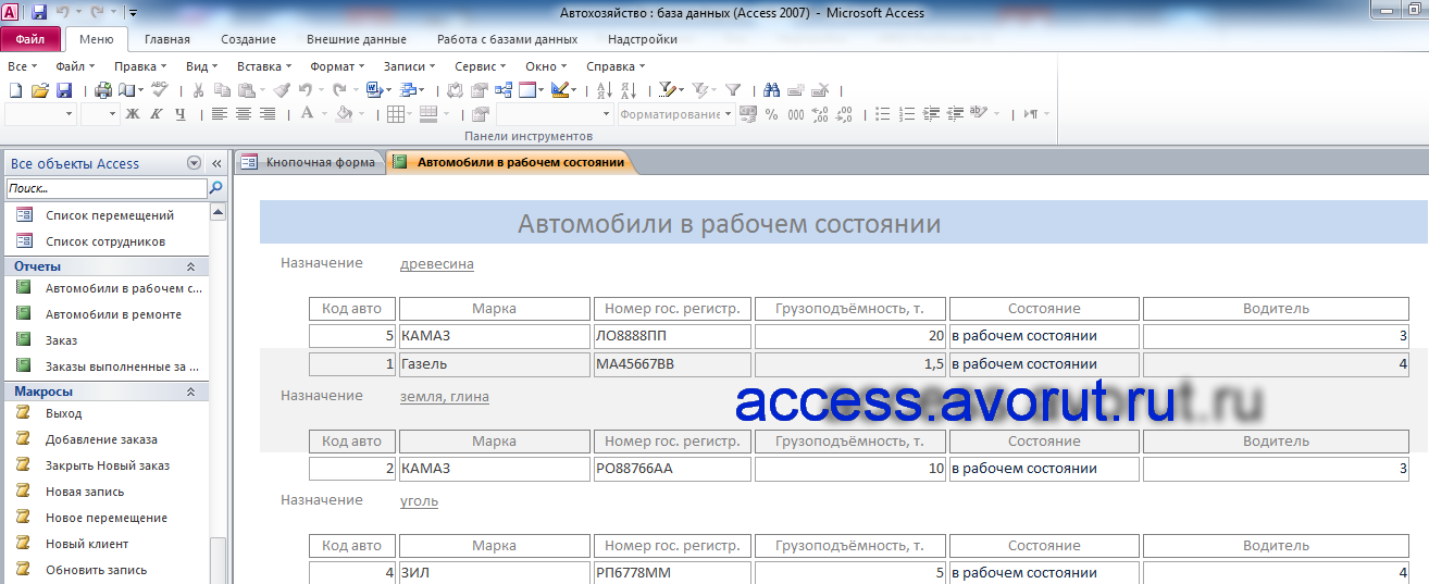 база данных access Автохозяйство. Автомобили в рабочем состоянии отчёт.