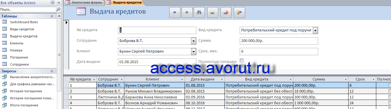 Скачать пример базы данных access Учёт платежей по потребительским кредитам. Форма «Выдача кредитов»