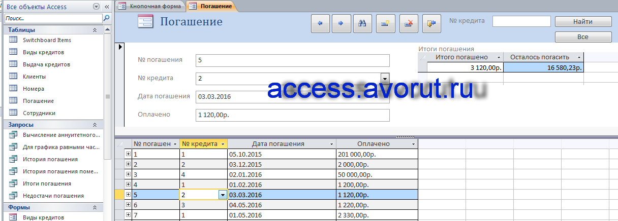 Скачать базу данных access Учёт платежей по потребительским кредитам. Форма «Погашение»