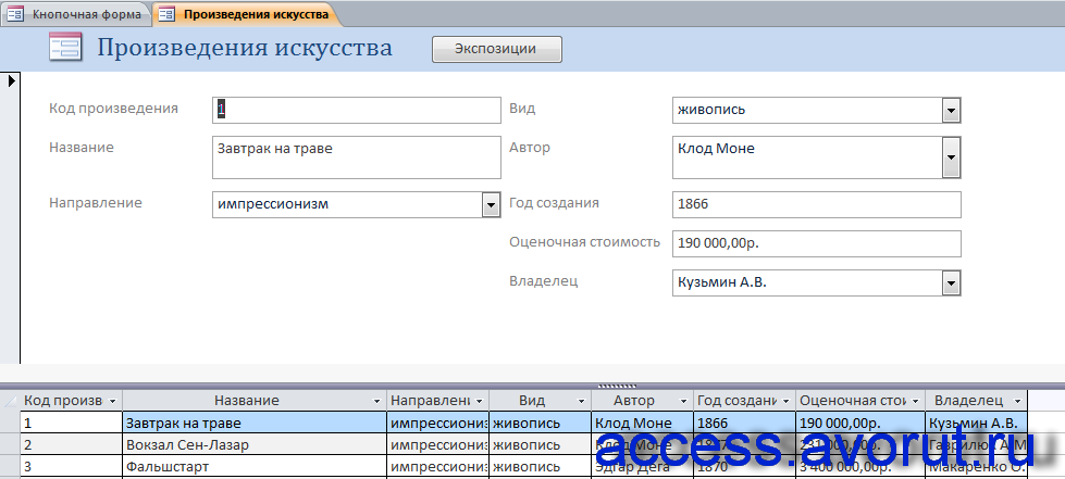 Форма «Произведения искусства» базы данных «Картинная галерея». БД access картинная галерея