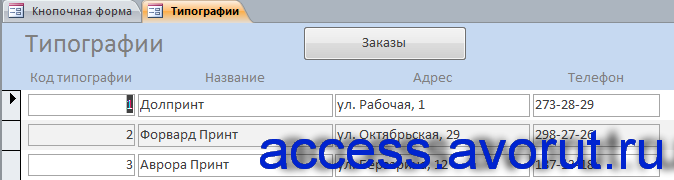 Форма «Типографии» готовой базы данных «Издательство» в access.