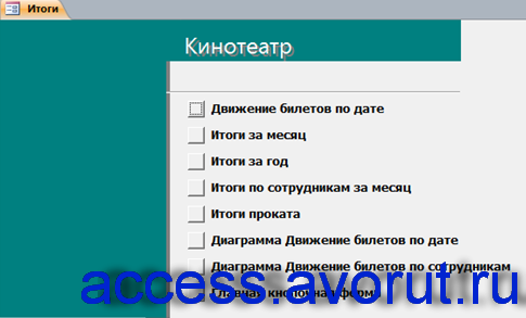 Страница «Итоги» главной кнопочной формы базы данных «Кинотеатр». Download.