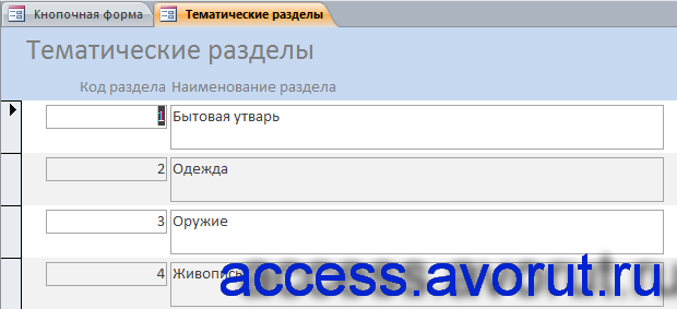 Форма «Тематические разделы». Скачать базу данных access «Музей».