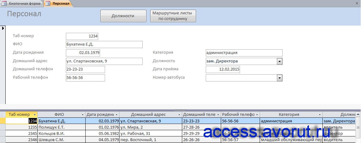 Готовая база данных access «Пассажирское автопредприятие». Форма «Персонал».