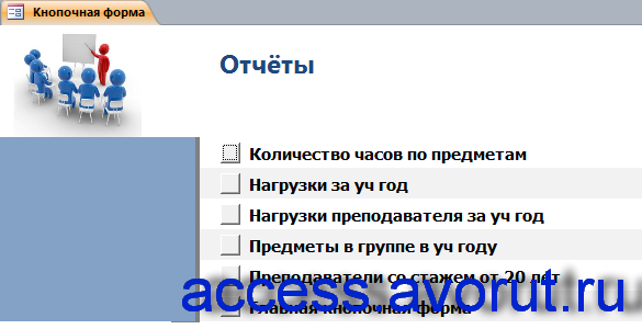 Страница «Отчёты» главной кнопочной формы готовой базы данных access «Распределение учебной нагрузки».