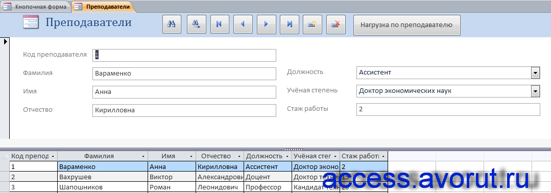 Форма "Преподаватели" готовой базы данных «Распределение учебной нагрузки» - скачать в access.