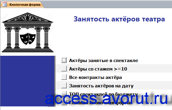 Главная кнопочная форма готовой базы данных access «Занятость актеров театра» - страница «Отчёты».