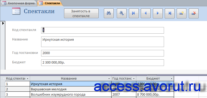 Готовая база данных (бд) access «Занятость актеров театра». Форма «Спектакли».